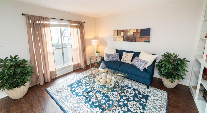 a living room with a blue couch and a rug